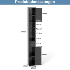 Schmaler Badezimmerschrank mit Beleuchtung & Schublade & 3 Glasablagen Badschrank Schwarz