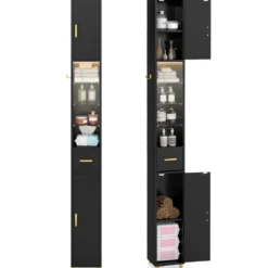 Schmaler Badezimmerschrank mit Beleuchtung & Schublade & 3 Glasablagen Badschrank Schwarz
