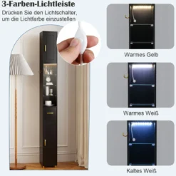 Schmaler Badezimmerschrank mit Beleuchtung & Schublade & 3 Glasablagen Badschrank Schwarz
