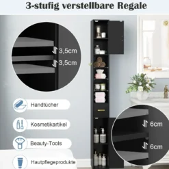 Schmaler Badezimmerschrank mit Beleuchtung & Schublade & 3 Glasablagen Badschrank Schwarz