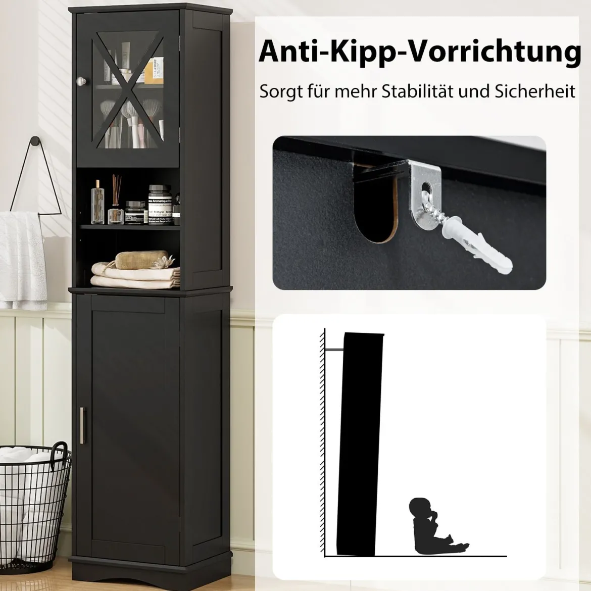 Schmaler Badezimmerschrank mit 5 Verstellbaren Regalen & 2 Türen Freistehender Hochschrank