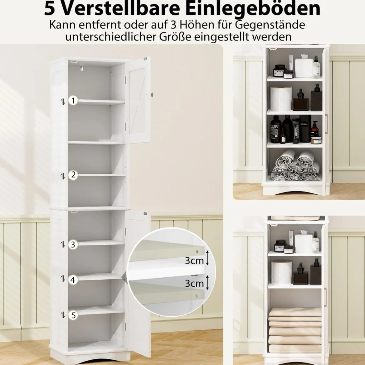 Schmaler Badezimmerschrank mit 5 Verstellbaren Regalen & 2 Türen Freistehender Hochschrank