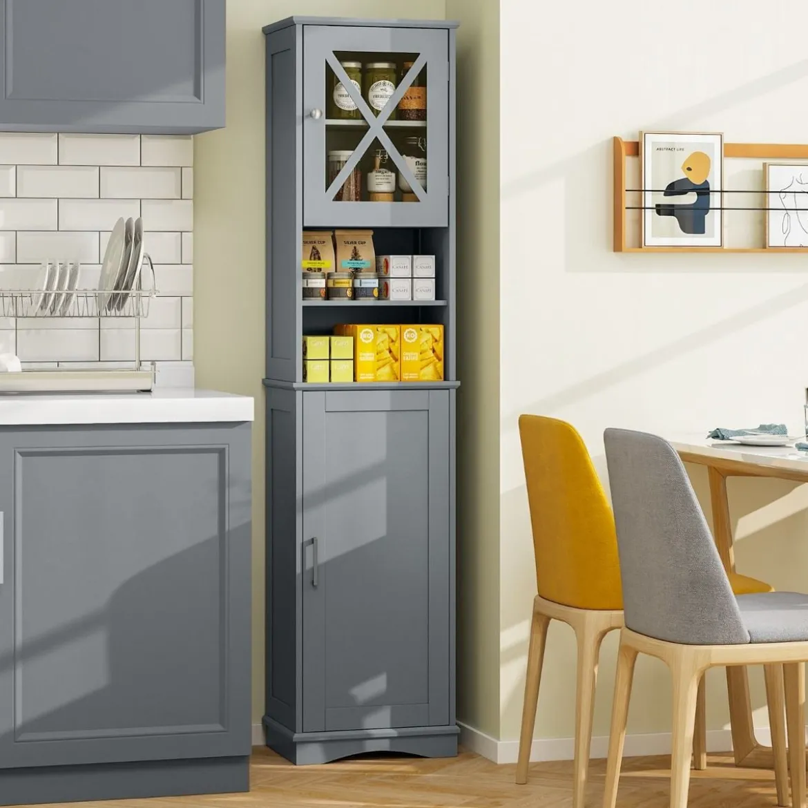 Schmaler Badezimmerschrank mit 5 Verstellbaren Regalen & 2 Türen Freistehender Hochschrank