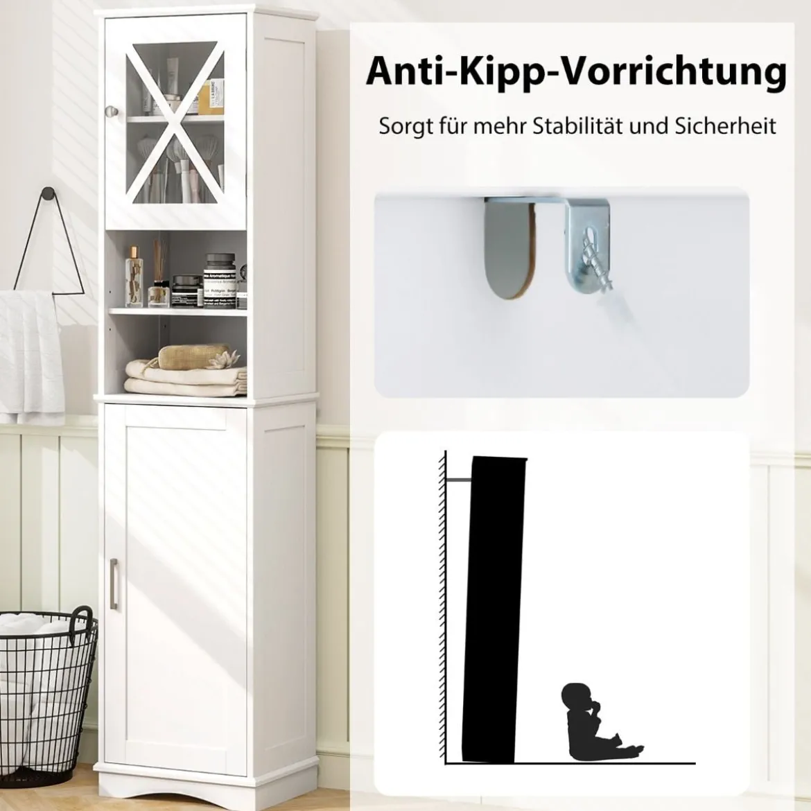 Schmaler Badezimmerschrank mit 5 Verstellbaren Regalen & 2 Türen Freistehender Hochschrank