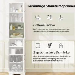 Schmaler Badezimmerschrank mit 5 Verstellbaren Regalen & 2 Türen Freistehender Hochschrank