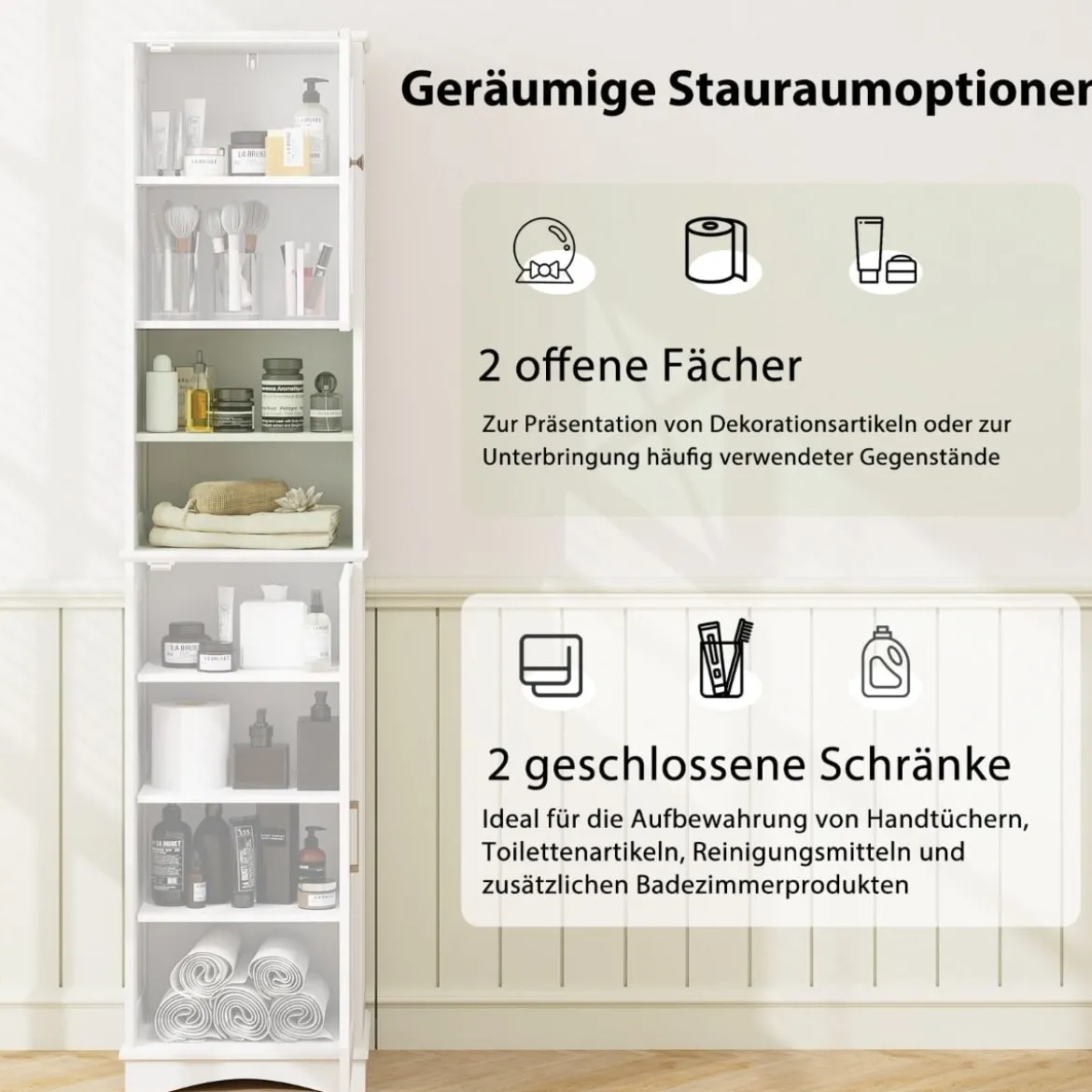 Schmaler Badezimmerschrank mit 5 Verstellbaren Regalen & 2 Türen Freistehender Hochschrank
