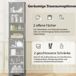 Schmaler Badezimmerschrank mit 5 Verstellbaren Regalen & 2 Türen Freistehender Hochschrank