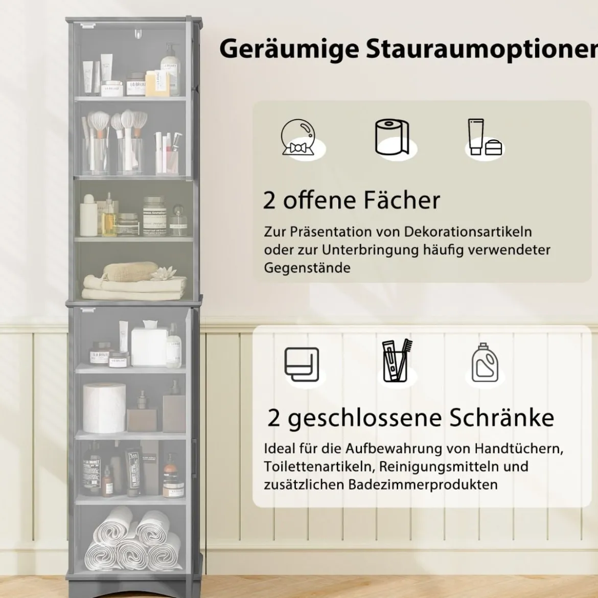 Schmaler Badezimmerschrank mit 5 Verstellbaren Regalen & 2 Türen Freistehender Hochschrank