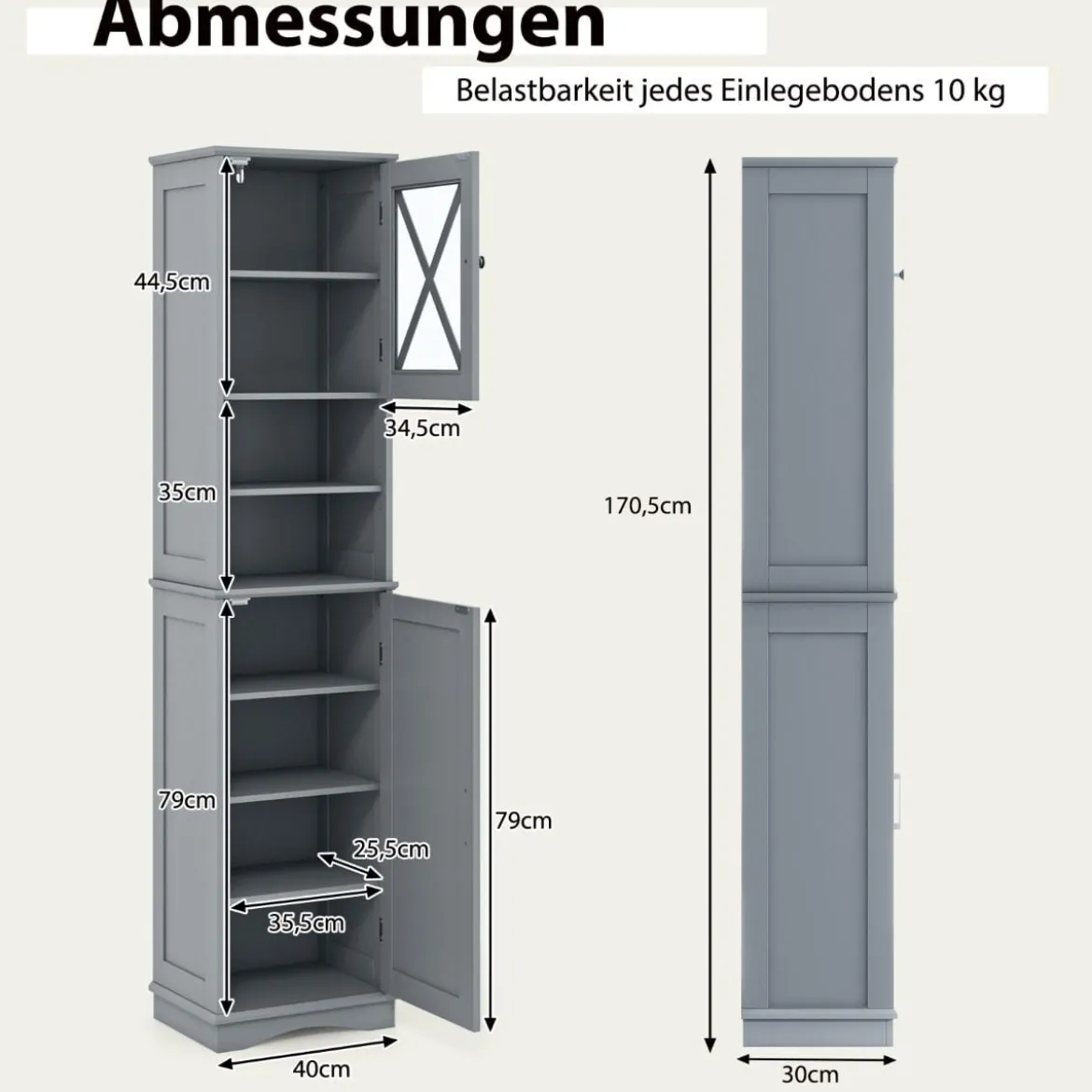 Schmaler Badezimmerschrank mit 5 Verstellbaren Regalen & 2 Türen Freistehender Hochschrank