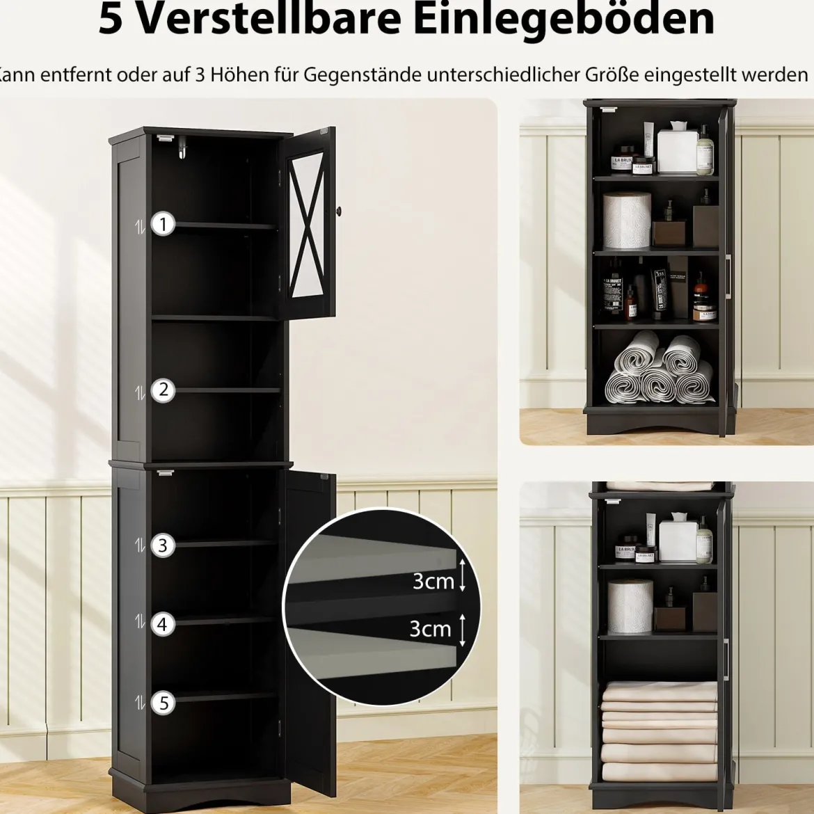 Schmaler Badezimmerschrank mit 5 Verstellbaren Regalen & 2 Türen Freistehender Hochschrank