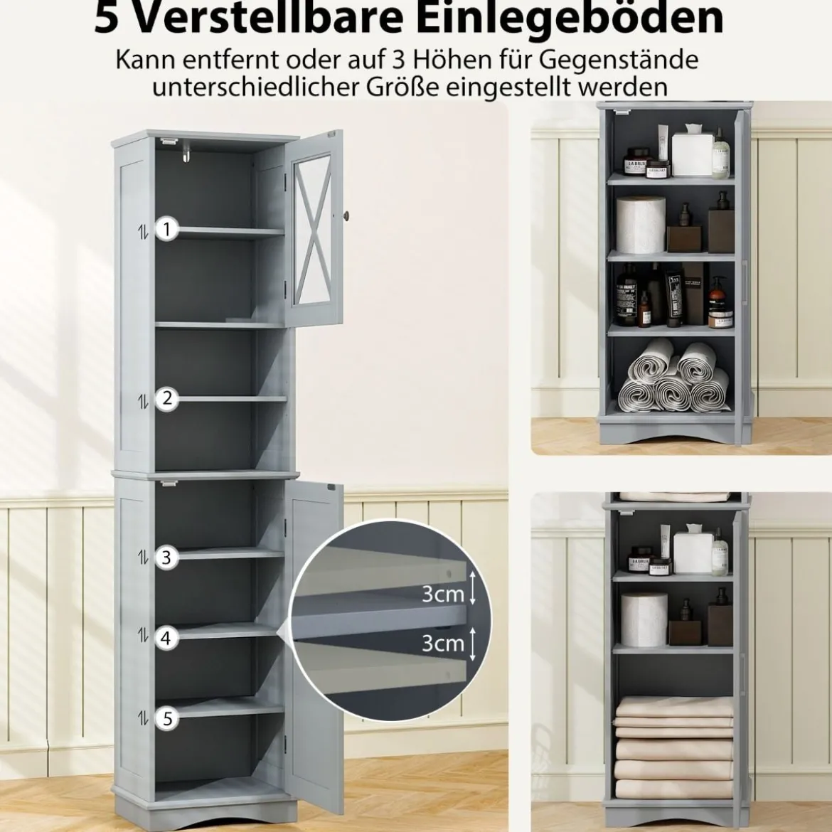 Schmaler Badezimmerschrank mit 5 Verstellbaren Regalen & 2 Türen Freistehender Hochschrank