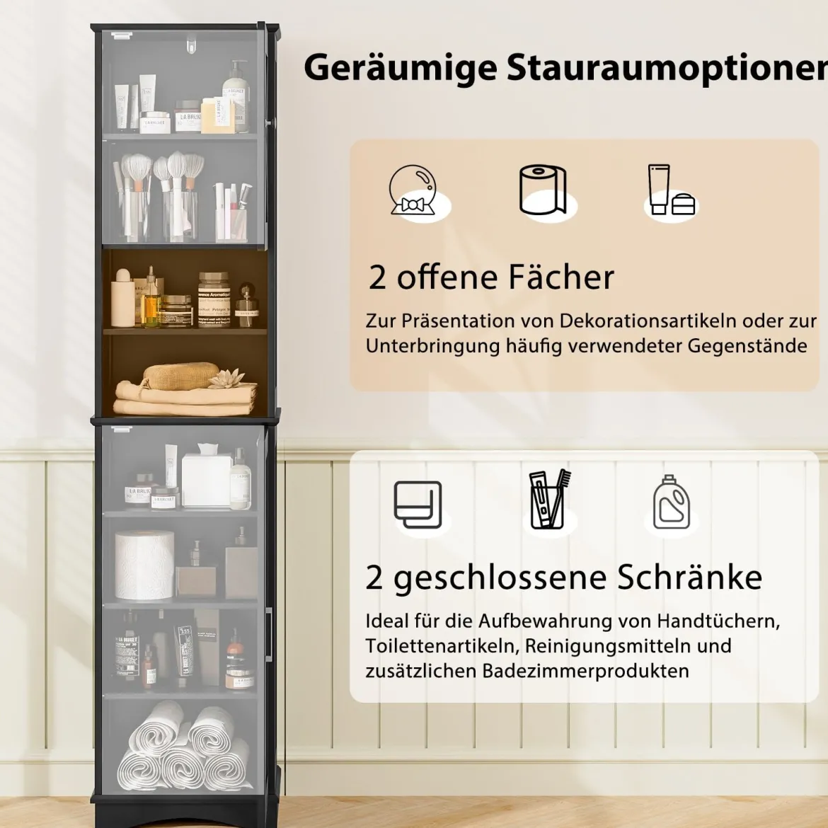 Schmaler Badezimmerschrank mit 5 Verstellbaren Regalen & 2 Türen Freistehender Hochschrank
