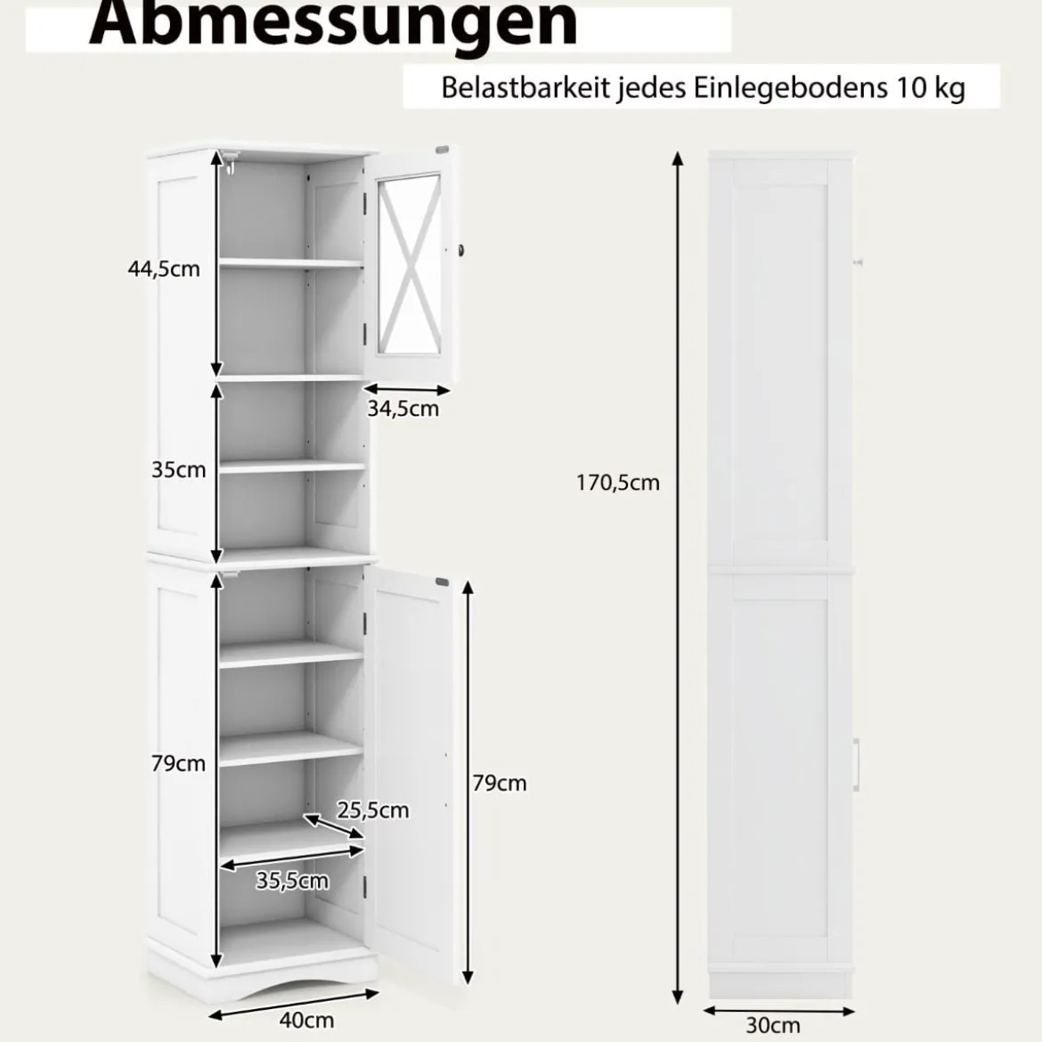 Schmaler Badezimmerschrank mit 5 Verstellbaren Regalen & 2 Türen Freistehender Hochschrank