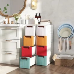 Schmaler Badezimmerschrank mit 4 Schubladen & Rädern Nischenregal Badschrank Bunt