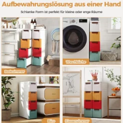 Schmaler Badezimmerschrank mit 4 Schubladen & Rädern Nischenregal Badschrank Bunt