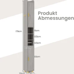 Schmaler Badschrank mit Toilettenpapierhalter & Seitenhaken Hochschrank Badezimmerschrank Grau
