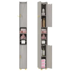 Schmaler Badschrank mit Toilettenpapierhalter & Seitenhaken Hochschrank Badezimmerschrank Grau
