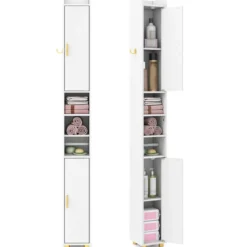 Schmaler Badschrank mit Toilettenpapierhalter & Seitenhaken Hochschrank Badezimmerschrank Weiß