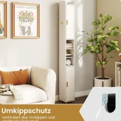 Schmaler Badschrank mit Toilettenpapierhalter & Seitenhaken Hochschrank Badezimmerschrank Weiß