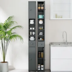 Schmaler Badschrank mit 2 Türen & 1 Schublade & Verstellbaren Regalen Badezimmerschrank Grau