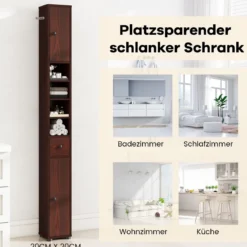 Schmaler Badschrank mit 2 Türen & 1 Schublade & Verstellbaren Regalen Badezimmerschrank Dunkelbraun
