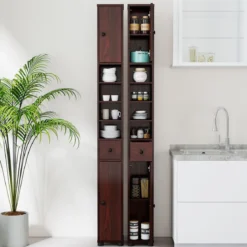 Schmaler Badschrank mit 2 Türen & 1 Schublade & Verstellbaren Regalen Badezimmerschrank Dunkelbraun