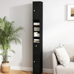 Schmaler Badschrank mit 2 Türen & 1 Schublade & Verstellbaren Regalen Badezimmerschrank Schwarz