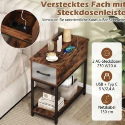 Schmaler Beistelltisch Naschttisch mit Ladestation & LED-Leuchten Industrieller Sofatisch Rustikal Braun