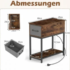Schmaler Beistelltisch Naschttisch mit Ladestation & LED-Leuchten Industrieller Sofatisch Rustikal Braun