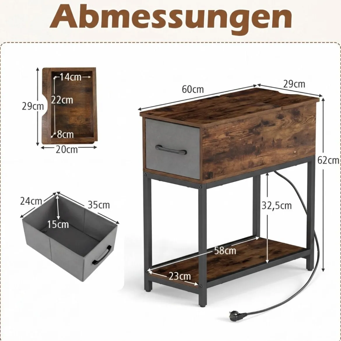 Schmaler Beistelltisch Naschttisch mit Ladestation & LED-Leuchten Industrieller Sofatisch Rustikal Braun