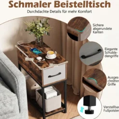 Schmaler Beistelltisch Naschttisch mit Ladestation & LED-Leuchten Industrieller Sofatisch Rustikal Braun
