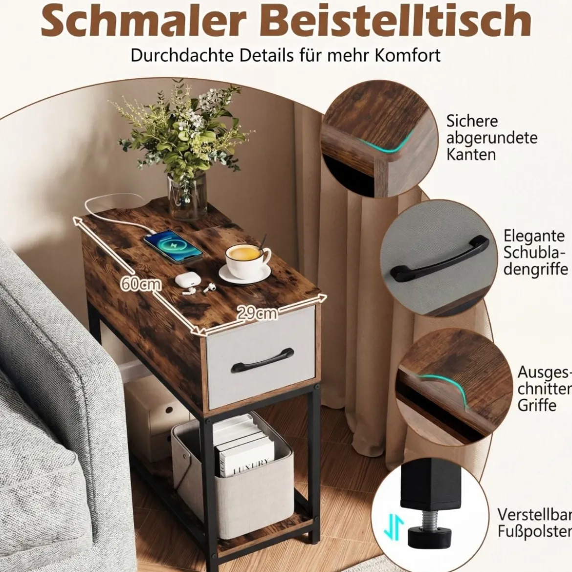 Schmaler Beistelltisch Naschttisch mit Ladestation & LED-Leuchten Industrieller Sofatisch Rustikal Braun