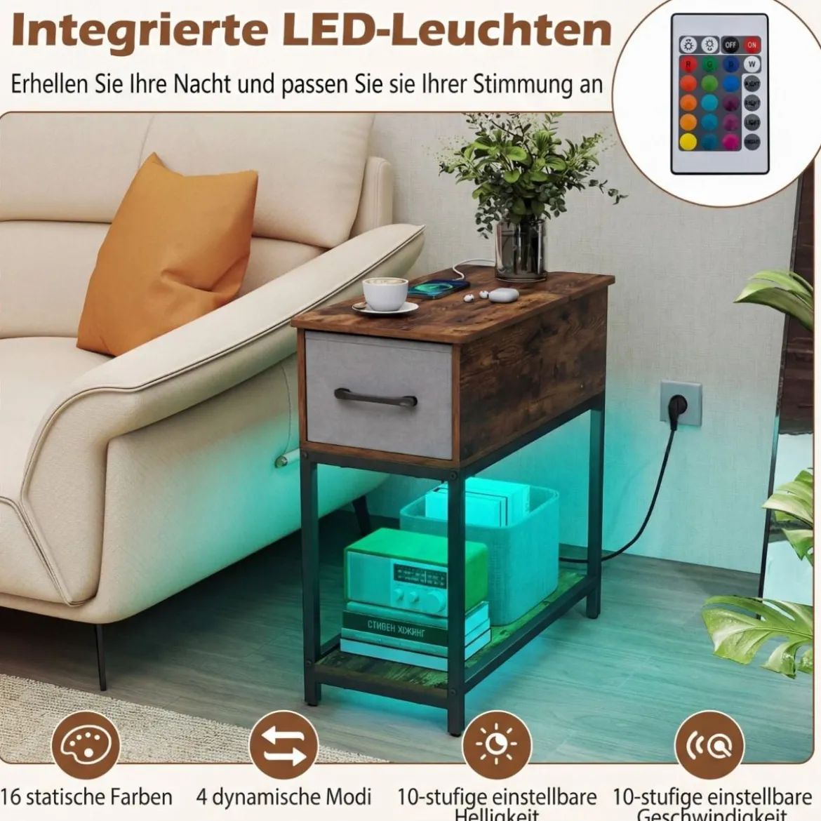 Schmaler Beistelltisch Naschttisch mit Ladestation & LED-Leuchten Industrieller Sofatisch Rustikal Braun