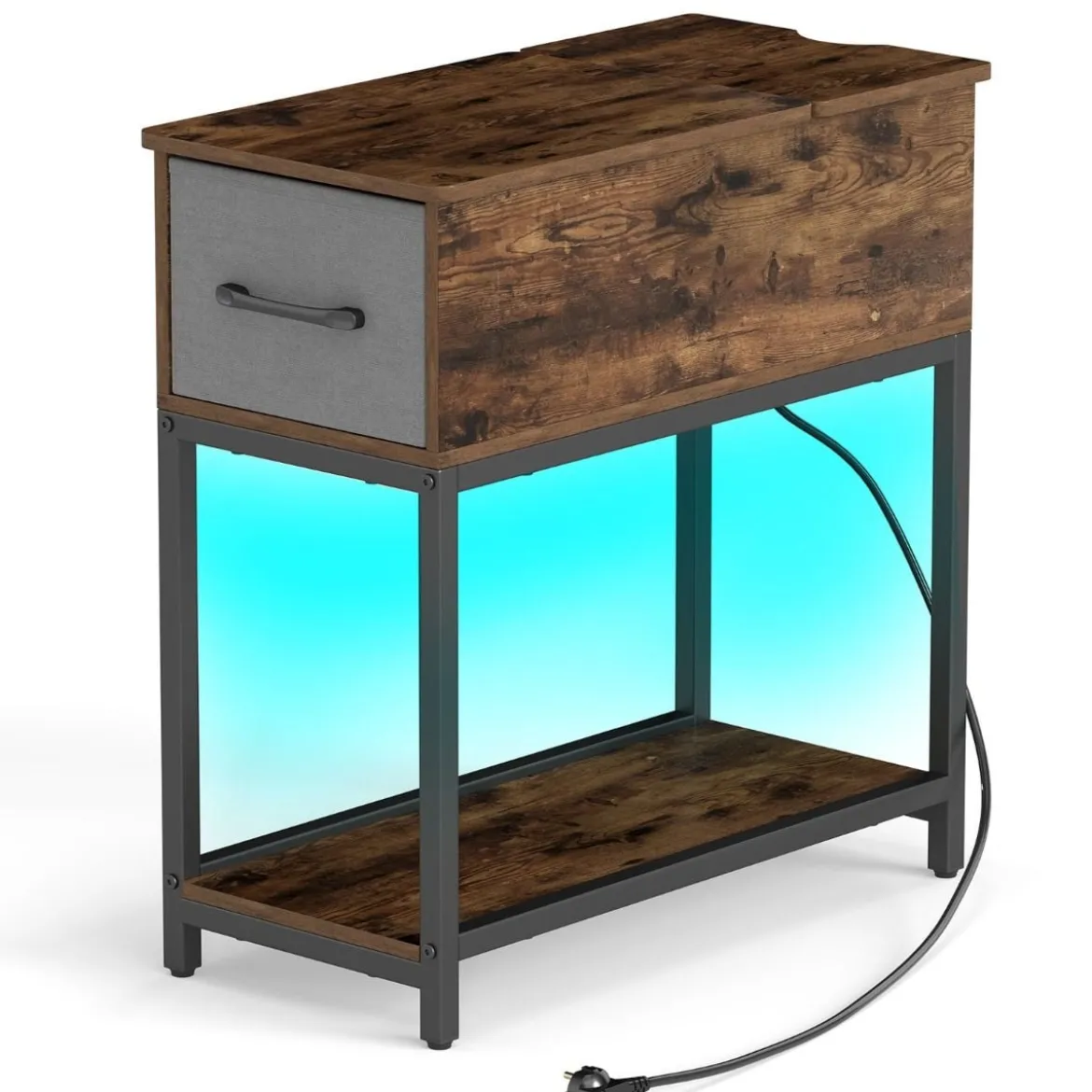 Schmaler Beistelltisch Naschttisch mit Ladestation & LED-Leuchten Industrieller Sofatisch Rustikal Braun