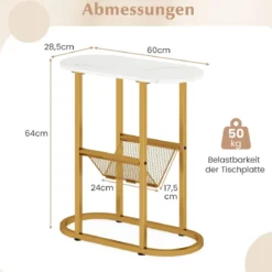 Schmaler Beistelltisch 2-stufiger ovaler Nachttisch mit Zeitschriftenschlinge platzsparender Sofatisch Weiß