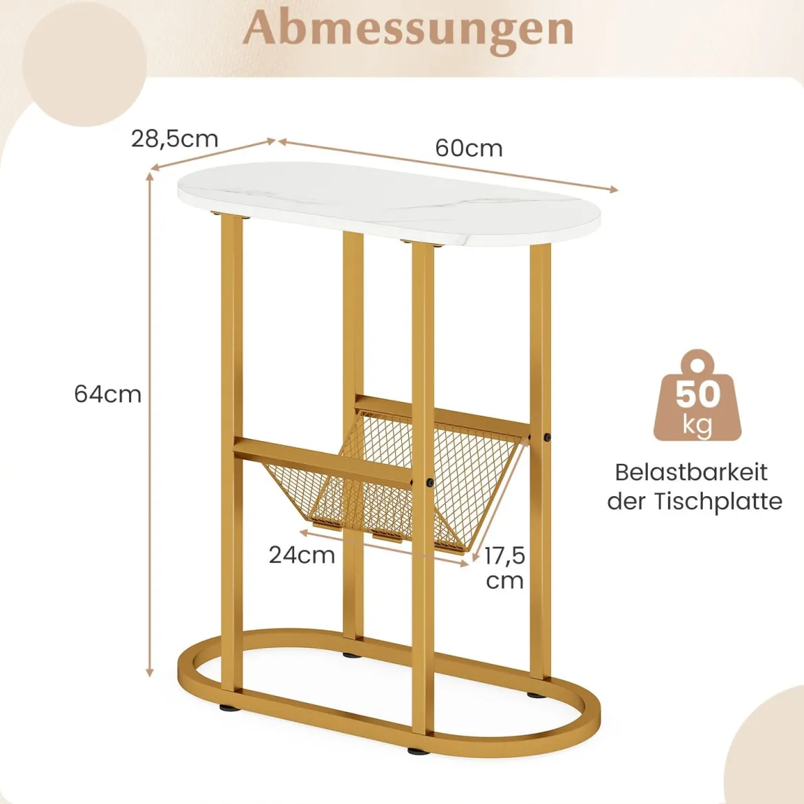 Schmaler Beistelltisch 2-stufiger ovaler Nachttisch mit Zeitschriftenschlinge platzsparender Sofatisch Weiß