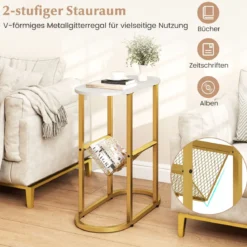 Schmaler Beistelltisch 2-stufiger ovaler Nachttisch mit Zeitschriftenschlinge platzsparender Sofatisch Weiß