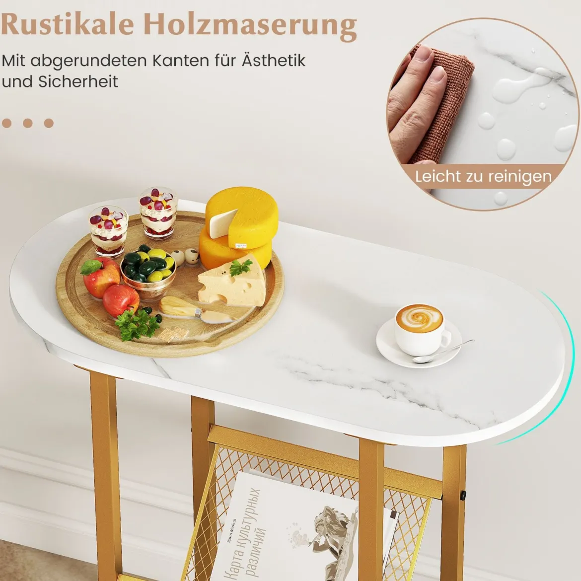 Schmaler Beistelltisch 2-stufiger ovaler Nachttisch mit Zeitschriftenschlinge platzsparender Sofatisch Weiß