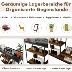 Schmaler 4 Ebenen Konsolentisch mit Drahtkorb & Stahlrahmen & Kippschutz Braun + Schwarz
