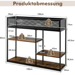Schmaler 4 Ebenen Konsolentisch mit Drahtkorb & Stahlrahmen & Kippschutz Braun + Schwarz