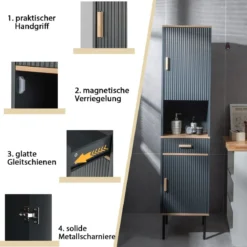 Schmaler Hochschrank mit 5 Fächern & 2 Türen & Verstellbaren Regalen Grau