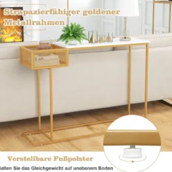 Schmaler Konsolentisch aus Weißem Kunstmarmor mit Goldenem Metallrahmen & Korb