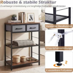Schmaler Konsolentisch Eingangstisch mit 2 Stoffschubladen & Offenen Regalen 60 x 30 x 81 cm Rustikalbraun