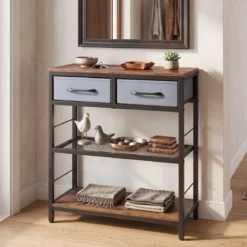 Schmaler Konsolentisch Eingangstisch mit 2 Stoffschubladen & Offenen Regalen 60 x 30 x 81 cm Rustikalbraun
