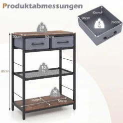 Schmaler Konsolentisch Eingangstisch mit 2 Stoffschubladen & Offenen Regalen 60 x 30 x 81 cm Rustikalbraun