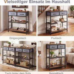Schmaler Konsolentisch Eingangstisch mit 2 Stoffschubladen & Offenen Regalen 60 x 30 x 81 cm Rustikalbraun