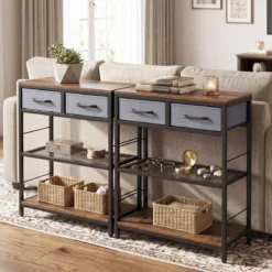 Schmaler Konsolentisch Eingangstisch mit 2 Stoffschubladen & Offenen Regalen 60 x 30 x 81 cm Rustikalbraun