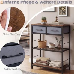Schmaler Konsolentisch Eingangstisch mit 2 Stoffschubladen & Offenen Regalen 60 x 30 x 81 cm Rustikalbraun