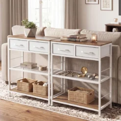 Schmaler Konsolentisch Eingangstisch mit 2 Stoffschubladen & Offenen Regalen 60 x 30 x 81 cm Natur