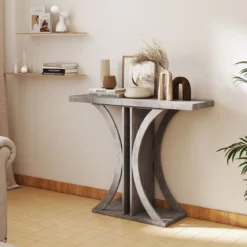 Schmaler Konsolentisch mit Geometrischem Metallgestell im Industriestil Flurtisch Sofatisch Grau